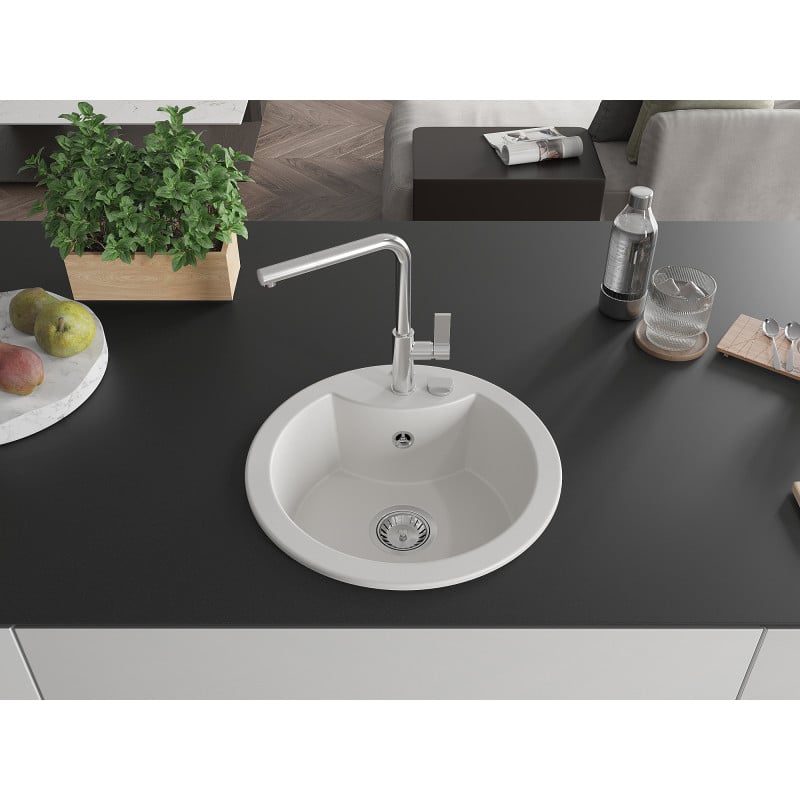 Mexen Diego Granitspüle 1-Becken mit Küchenarmatur Flora, weiß - 6512-20-670401-00