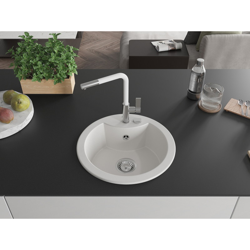 Mexen Diego Granitspüle 1-Becken mit Küchenarmatur Flora, weiß - 6512-20-670401-02