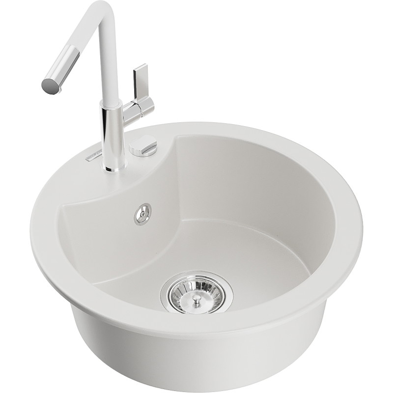 Mexen Diego Granitspüle 1-Becken mit Küchenarmatur Flora, weiß - 6512-20-670401-02