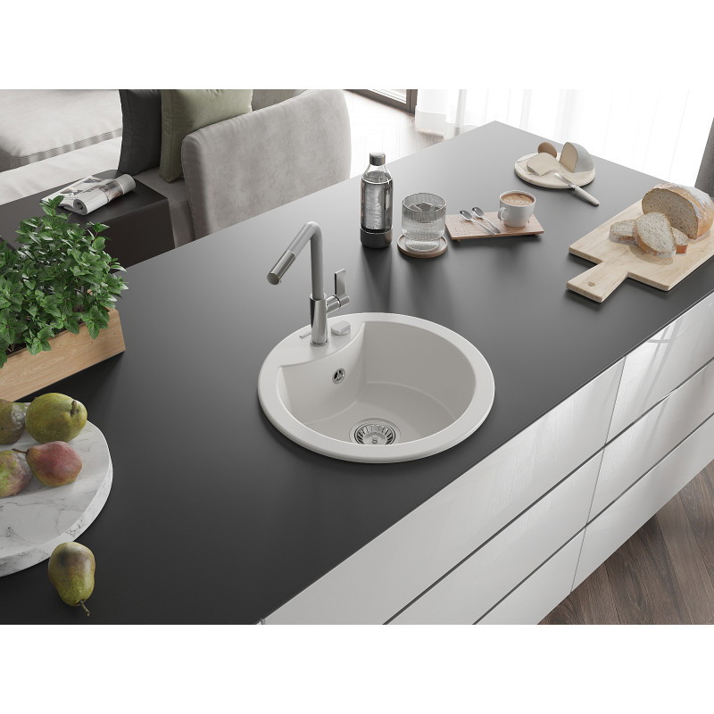 Mexen Diego Granitspüle 1-Becken mit Küchenarmatur Flora, weiß - 6512-20-670401-06