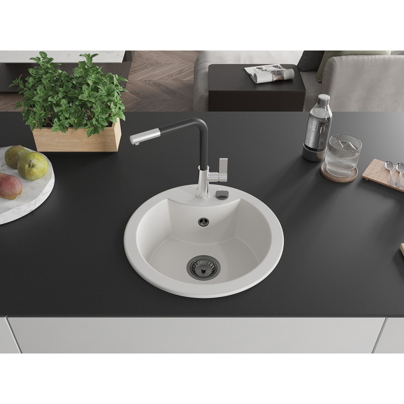 Mexen Diego Einzelbecken-Spülbecken aus Granit mit Küchenarmatur Flora, weiß - 6512-20-670401-07-B