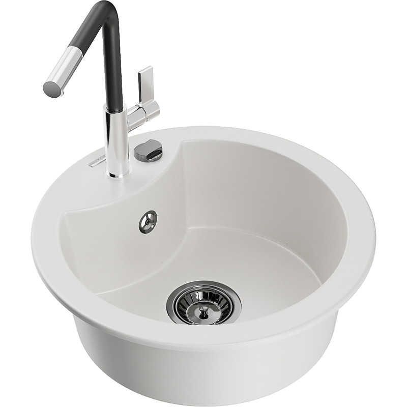 Mexen Diego Granitspüle 1-Becken mit Küchenarmatur Flora, weiß - 6512-20-670401-07-B