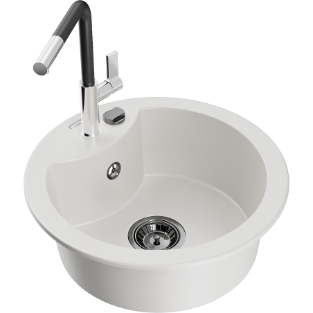 Mexen Diego Granitspüle 1-Becken mit Küchenarmatur Flora, weiß - 6512-20-670401-07-B