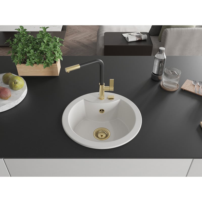 Mexen Diego Granitspüle 1-Becken mit Küchenarmatur Flora, weiß - 6512-20-670401-57-G