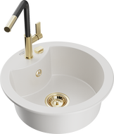 Mexen Diego Granitspüle 1-Becken mit Küchenarmatur Flora, weiß - 6512-20-670401-57-G