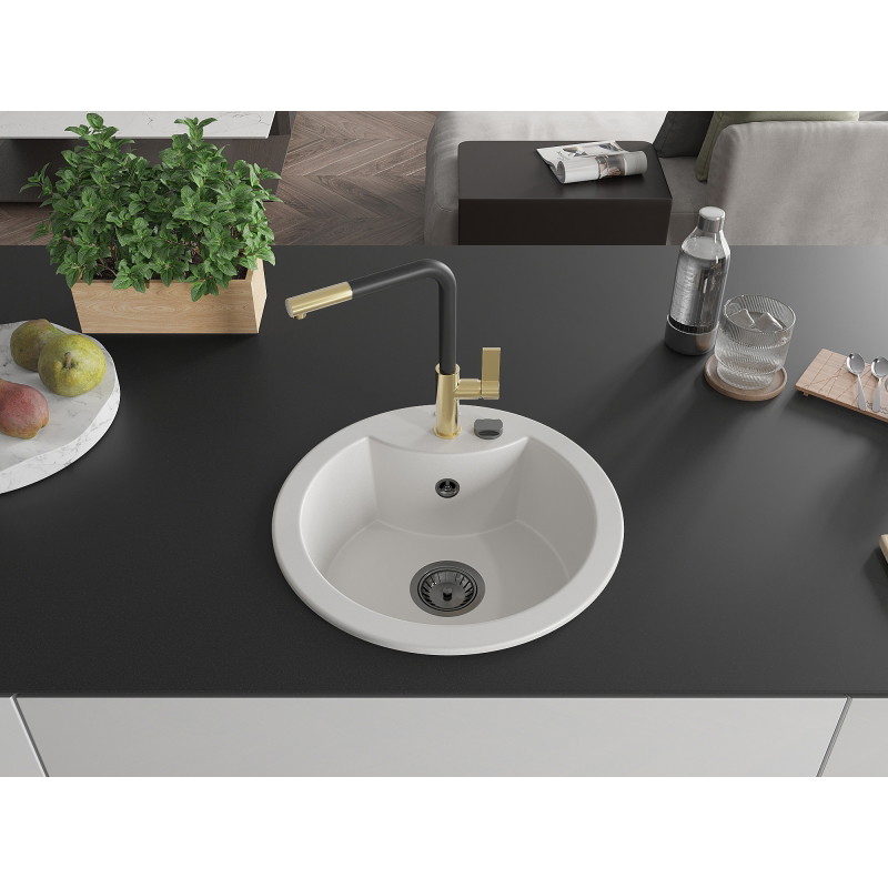 Mexen Diego Granitspüle 1-Becken mit Küchenarmatur Flora, weiß - 6512-20-670401-57-B