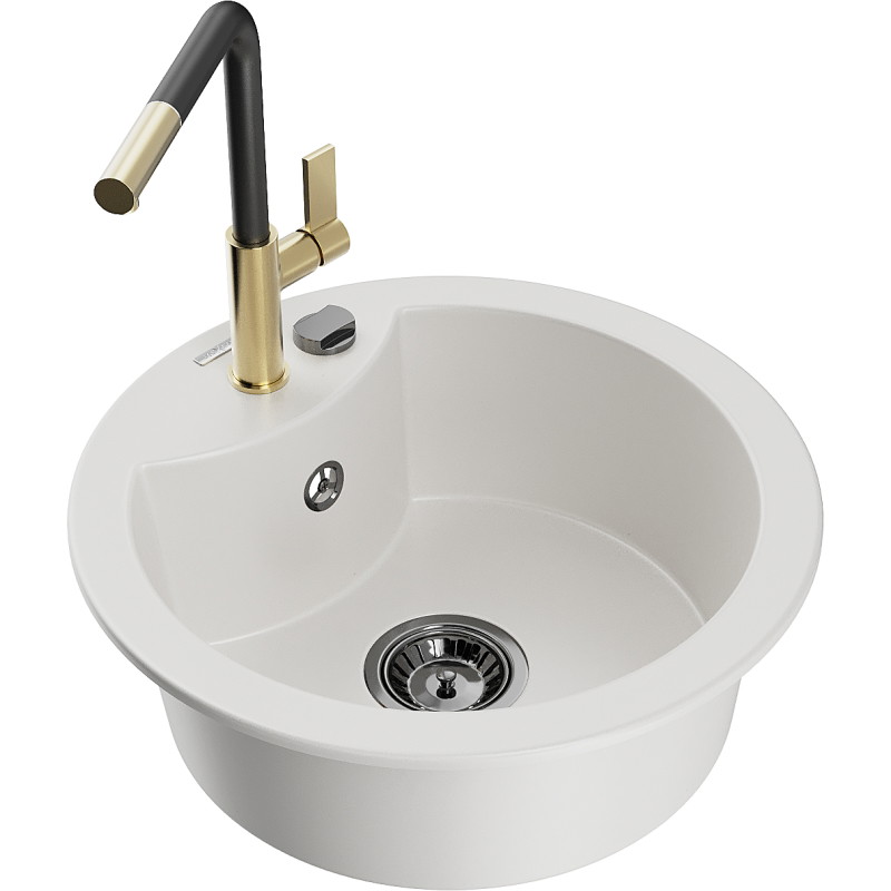 Mexen Diego Granitspüle 1-Becken mit Küchenarmatur Flora, weiß - 6512-20-670401-57-B