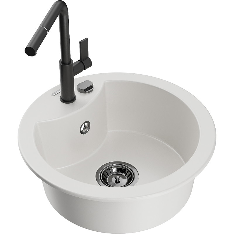 Mexen Diego Granitspüle 1-Becken mit Küchenarmatur Flora, weiß - 6512-20-670401-70-B