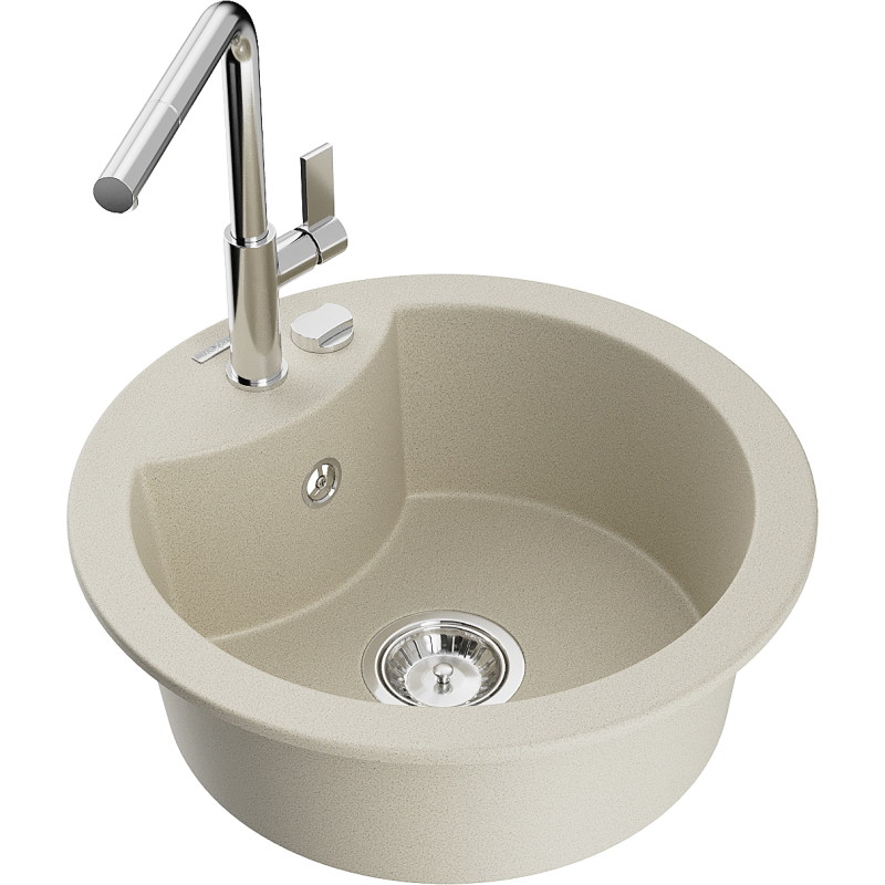 Mexen Diego Granitspüle 1-beckig mit Küchenarmatur Flora, beige - 6512-69-670401-00