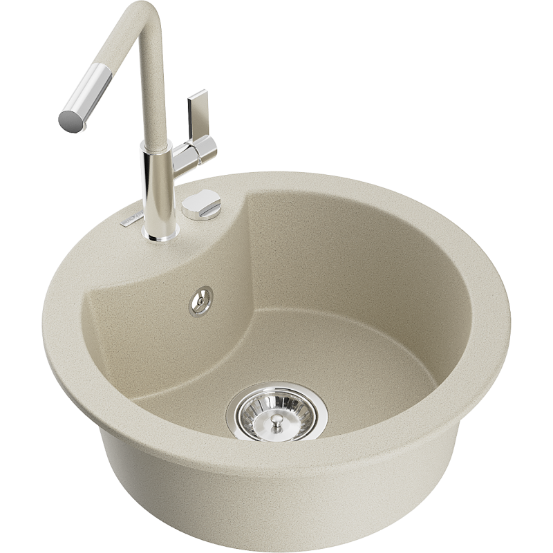 Mexen Diego Granitspüle, 1-beckig mit Küchenarmatur Flora, beige - 6512-69-670401-09