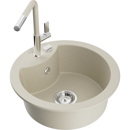 Mexen Diego Granitspüle, 1-beckig mit Küchenarmatur Flora, beige - 6512-69-670401-09