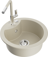 Mexen Diego Granitspüle, 1-beckig mit Küchenarmatur Flora, beige - 6512-69-670401-09