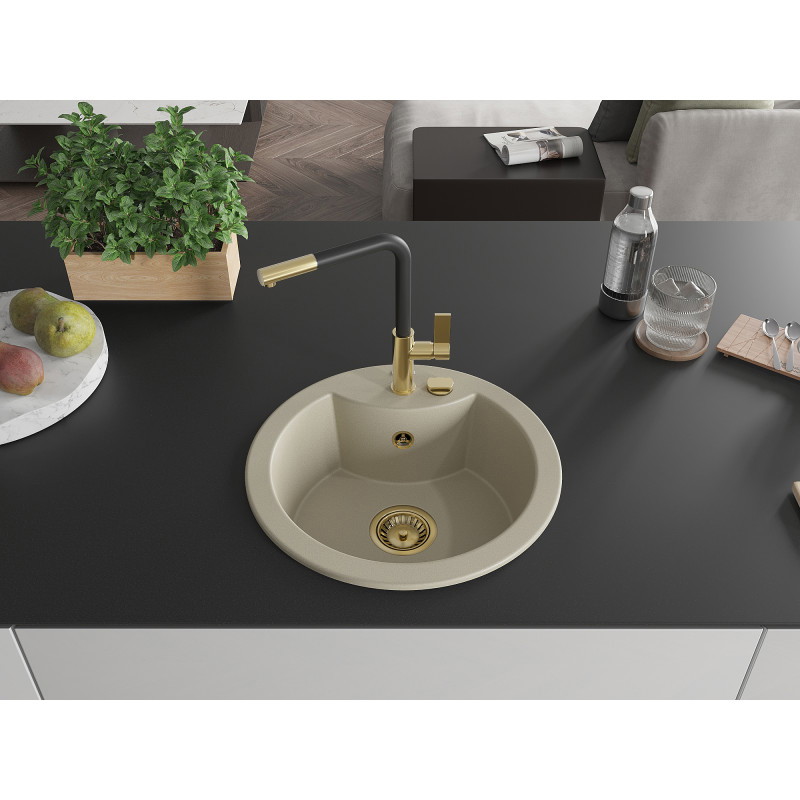 Mexen Diego Granitspüle 1-Kammer mit Küchenarmatur Flora, beige - 6512-69-670401-57-G