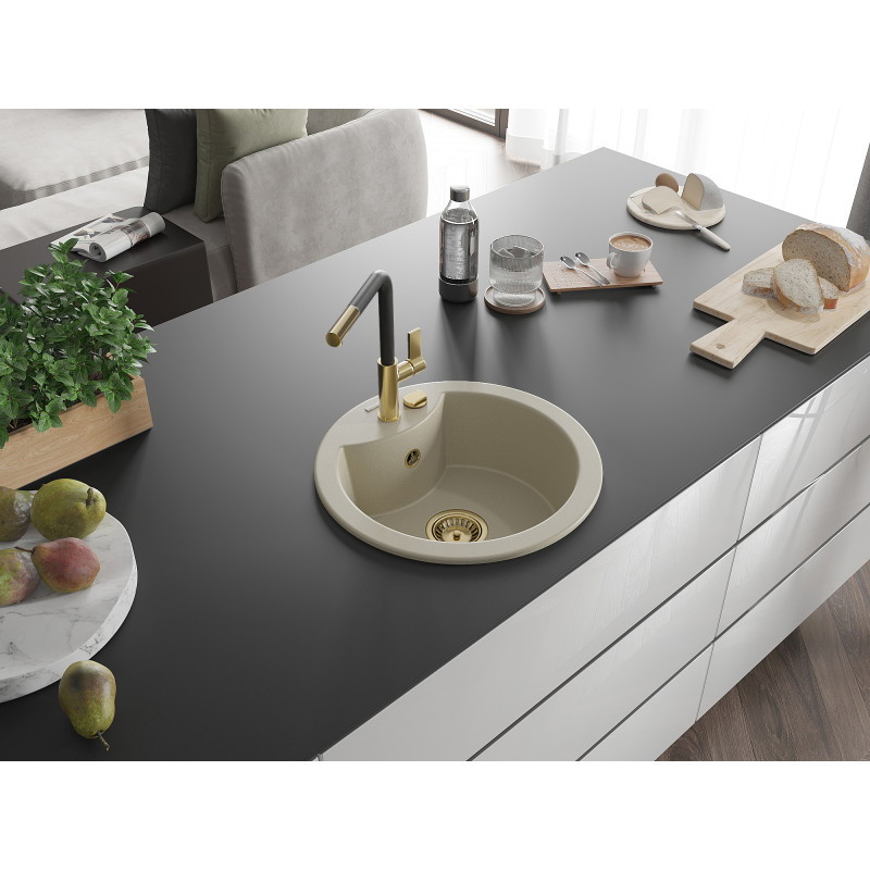 Mexen Diego Granitspüle 1-Kammer mit Küchenarmatur Flora, beige - 6512-69-670401-57-G