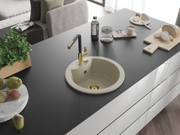 Mexen Diego Granitspüle 1-Kammer mit Küchenarmatur Flora, beige - 6512-69-670401-57-G
