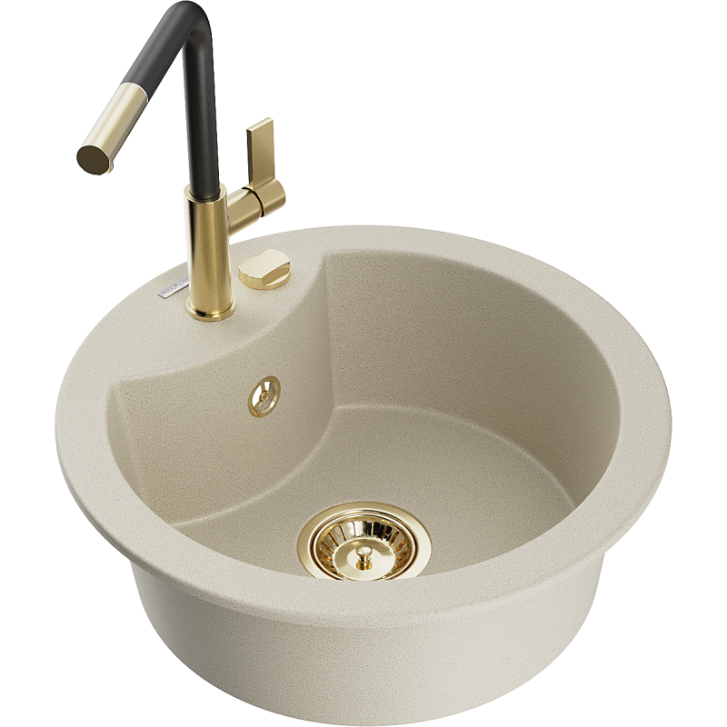 Mexen Diego Granitspüle 1-Kammer mit Küchenarmatur Flora, beige - 6512-69-670401-57-G