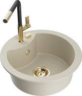 Mexen Diego Granitspüle 1-Kammer mit Küchenarmatur Flora, beige - 6512-69-670401-57-G
