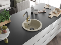 Mexen Diego Granitspüle 1-beckig mit Küchenarmatur Flora, beige - 6512-69-670401-57-B