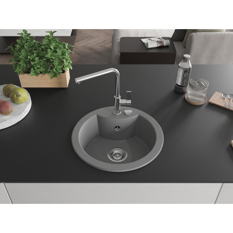Mexen Diego Granitspüle 1-Becken mit Küchenarmatur Flora, grau - 6512-71-670401-00