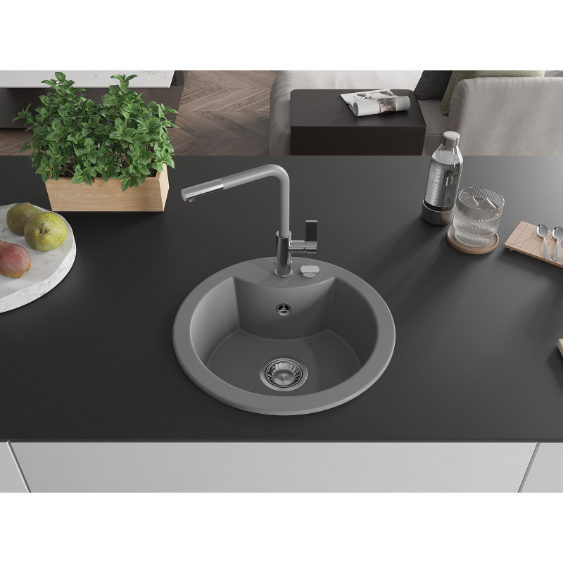 Mexen Diego Granitspüle 1-Becken mit Küchenarmatur Flora, grau - 6512-71-670401-06