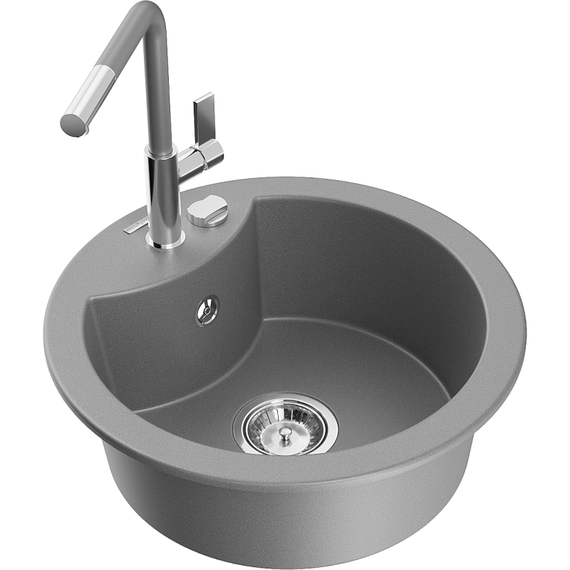 Mexen Diego Granitspüle 1-Becken mit Küchenarmatur Flora, grau - 6512-71-670401-06