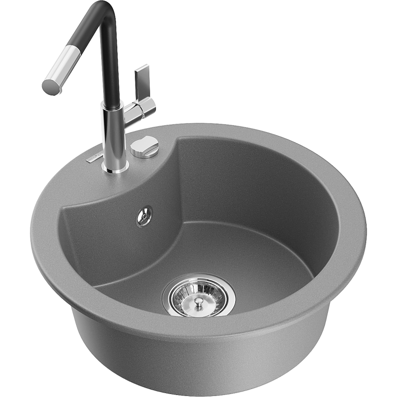 Mexen Diego Granitspüle 1-Becken mit Küchenarmatur Flora, grau - 6512-71-670401-07