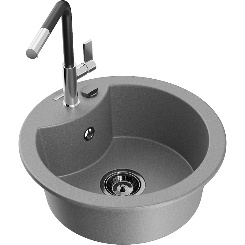 Mexen Diego Granitspüle 1-Becken mit Küchenarmatur Flora, grau - 6512-71-670401-07-B