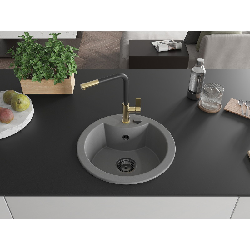 Mexen Diego Granitspüle 1-Becken mit Küchenarmatur Flora, grau - 6512-71-670401-57-B