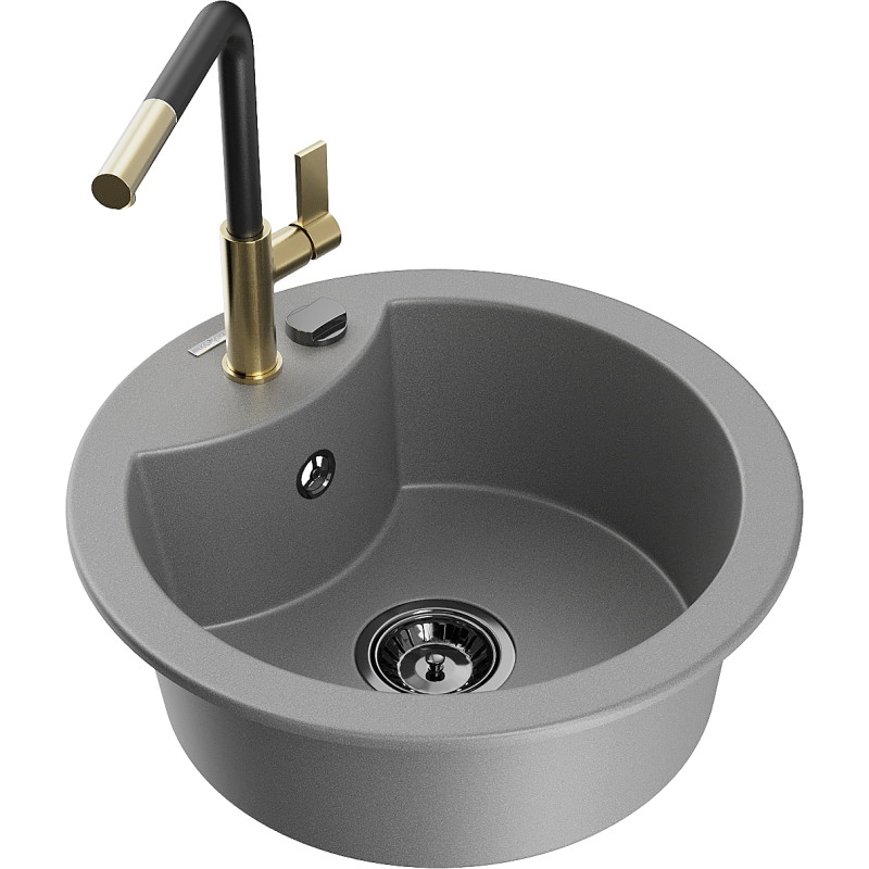 Mexen Diego Granitspüle 1-Becken mit Küchenarmatur Flora, grau - 6512-71-670401-57-B