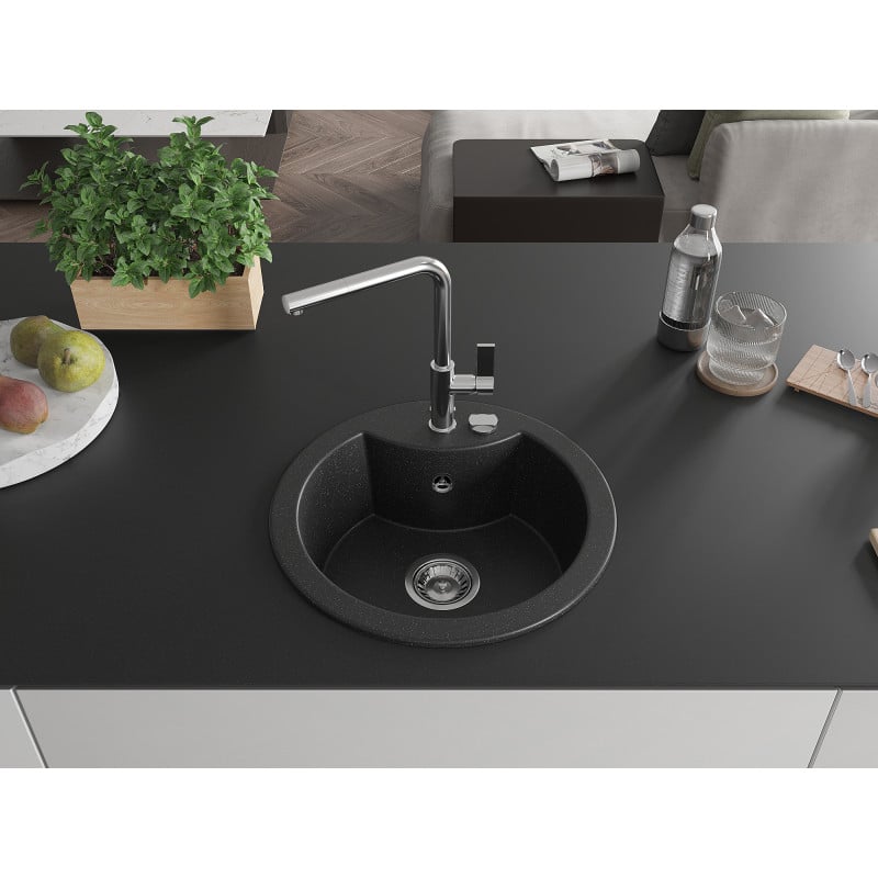 Mexen Diego Granitspüle 1-Becken mit Küchenarmatur Flora, Schwarz/Silber Metallic - 6512-73-670401-00