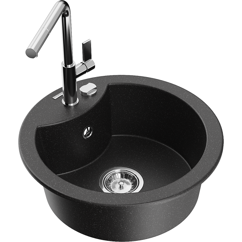 Mexen Diego Granitspüle 1-Becken mit Küchenarmatur Flora, Schwarz/Silber Metallic - 6512-73-670401-00