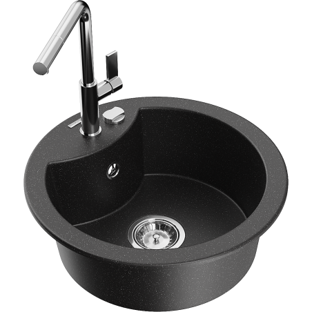 Mexen Diego Granitspüle 1-Becken mit Küchenarmatur Flora, Schwarz/Silber Metallic - 6512-73-670401-00