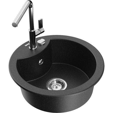 Mexen Diego granitspüle 1-beckig mit Küchenarmatur Flora, schwarz/silber metallic - 6512-73-670401-00