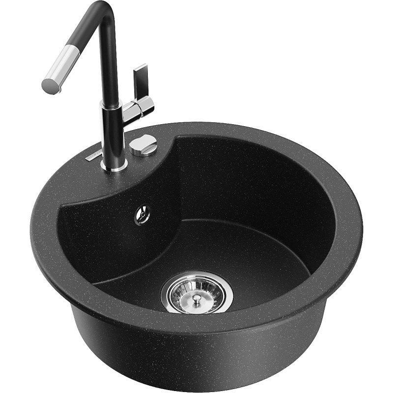Mexen Diego Granitspüle 1-Becken mit Küchenarmatur Flora, schwarz/silber metallic - 6512-73-670401-07