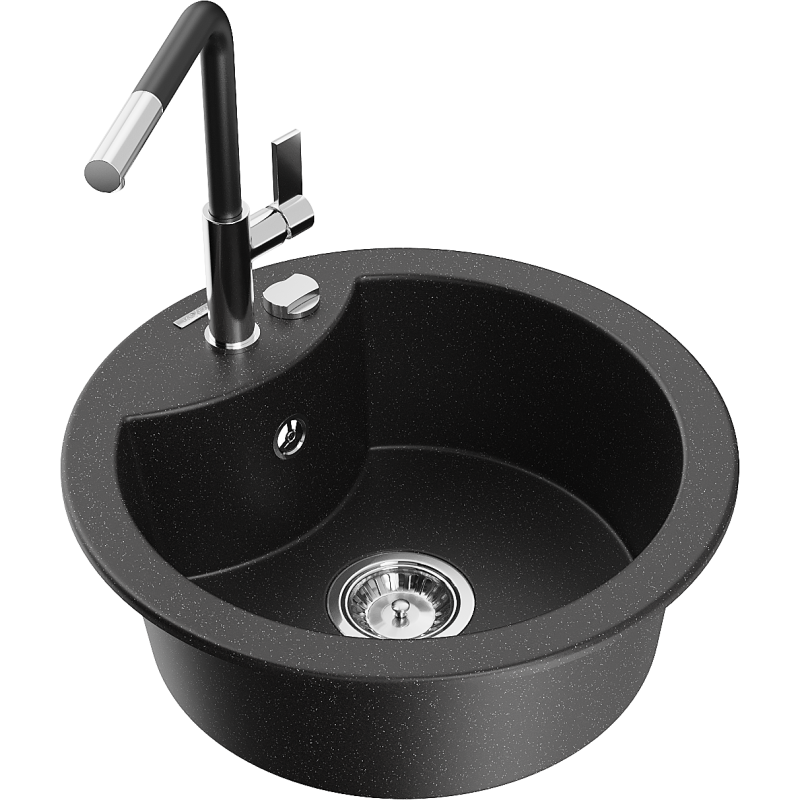 Mexen Diego Granitspüle, ein Becken, mit Küchenarmatur Flora, schwarz/silberner Metallic - 6512-73-670401-07