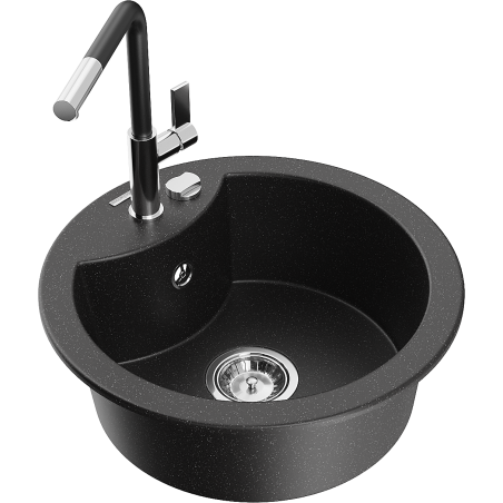 Mexen Diego Granitspüle, ein Becken, mit Küchenarmatur Flora, schwarz/silberner Metallic - 6512-73-670401-07
