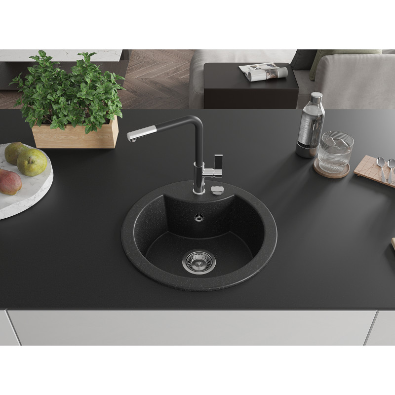 Mexen Diego Granitspüle, ein Becken, mit Küchenarmatur Flora, schwarz/silberner Metallic - 6512-73-670401-07