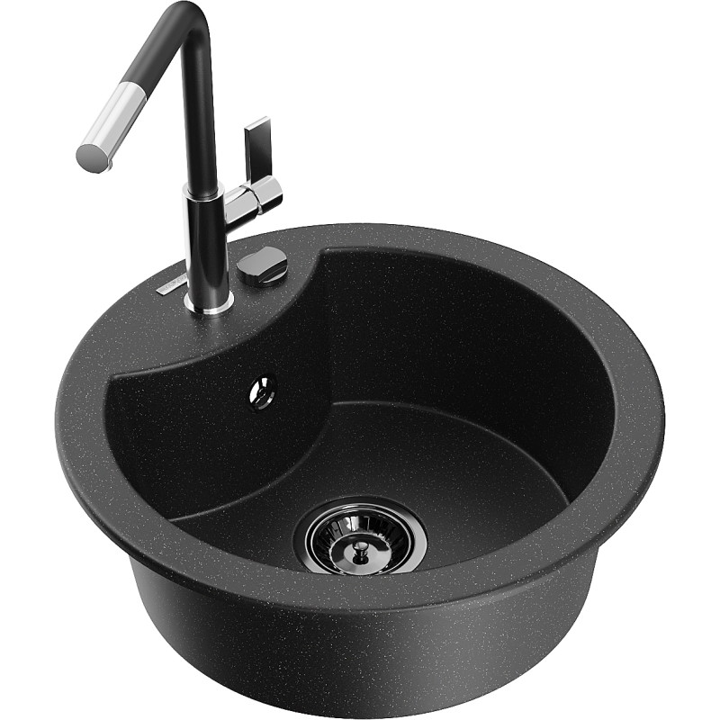 Mexen Diego granitspüle 1-becken mit Küchenarmatur Flora, schwarz/silber met - 6512-73-670401-07-B