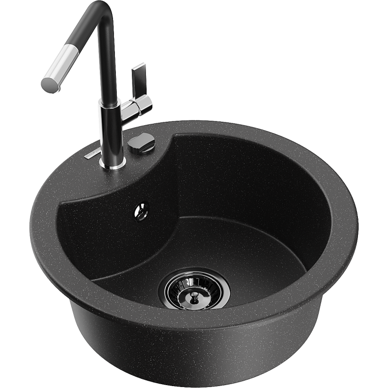 Mexen Diego Granitspüle 1-Becken mit Küchenarmatur Flora, schwarz/silber-metallic - 6512-73-670401-07-B