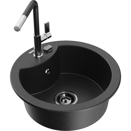 Mexen Diego Granitspüle 1-Becken mit Küchenarmatur Flora, schwarz/silber-metallic - 6512-73-670401-07-B