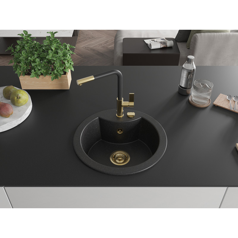 Mexen Diego Granitspüle 1-Becken mit Küchenarmatur Flora, schwarz/silber metallic - 6512-73-670401-57-G