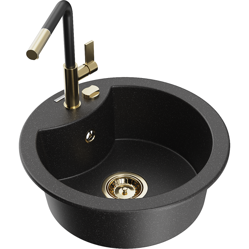 Mexen Diego Granitspüle 1-Becken mit Küchenarmatur Flora, schwarz/silber metallic - 6512-73-670401-57-G
