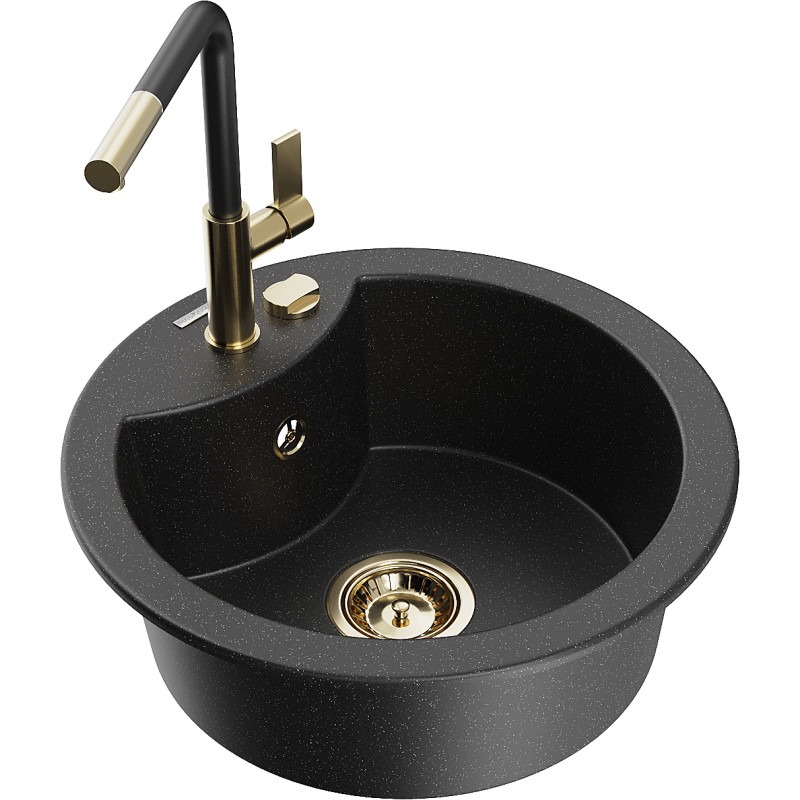 Mexen Diego Granitspüle 1-beckig mit Küchenarmatur Flora, schwarz/silber-metallic - 6512-73-670401-57-G