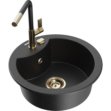 Mexen Diego Granitspüle 1-Becken mit Küchenarmatur Flora, schwarz/silber metallic - 6512-73-670401-57-G