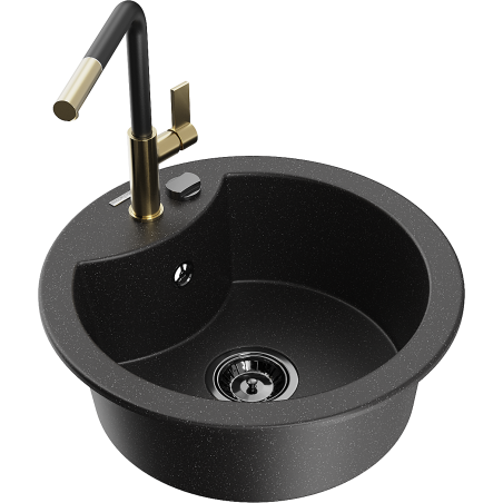 Mexen Diego Granitspüle 1 Becken mit Küchenarmatur Flora, Schwarz/Silber Metallic - 6512-73-670401-57-B