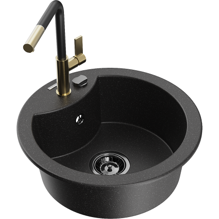 Mexen Diego granitspüle 1-beckig mit Küchenarmatur Flora, schwarz/silber metallic - 6512-73-670401-57-B