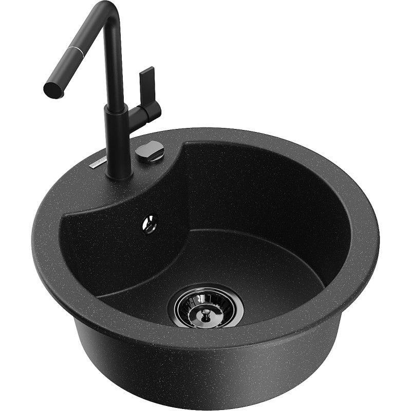 Mexen Diego Granitspüle mit 1 Becken und Küchenarmatur Flora, schwarz/silberner Metallic-Look - 6512-73-670401-70-B