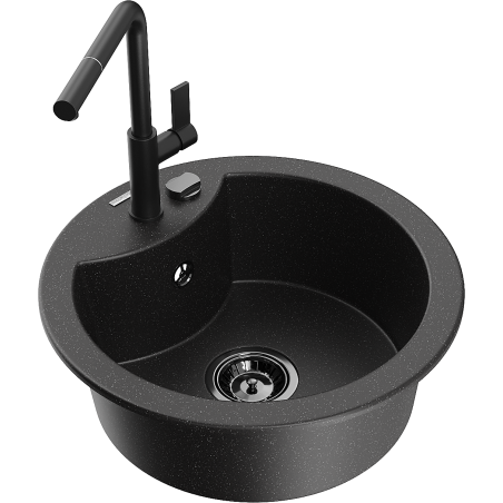 Mexen Diego Granitspüle 1-beckig mit Küchenarmatur Flora, schwarz/silber metallic - 6512-73-670401-70-B