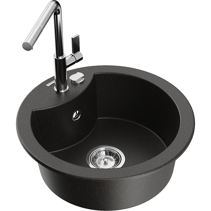 Mexen Diego Granitspüle 1-becken mit Küchenarmatur Flora, schwarz/gold metallic - 6512-75-670401-00