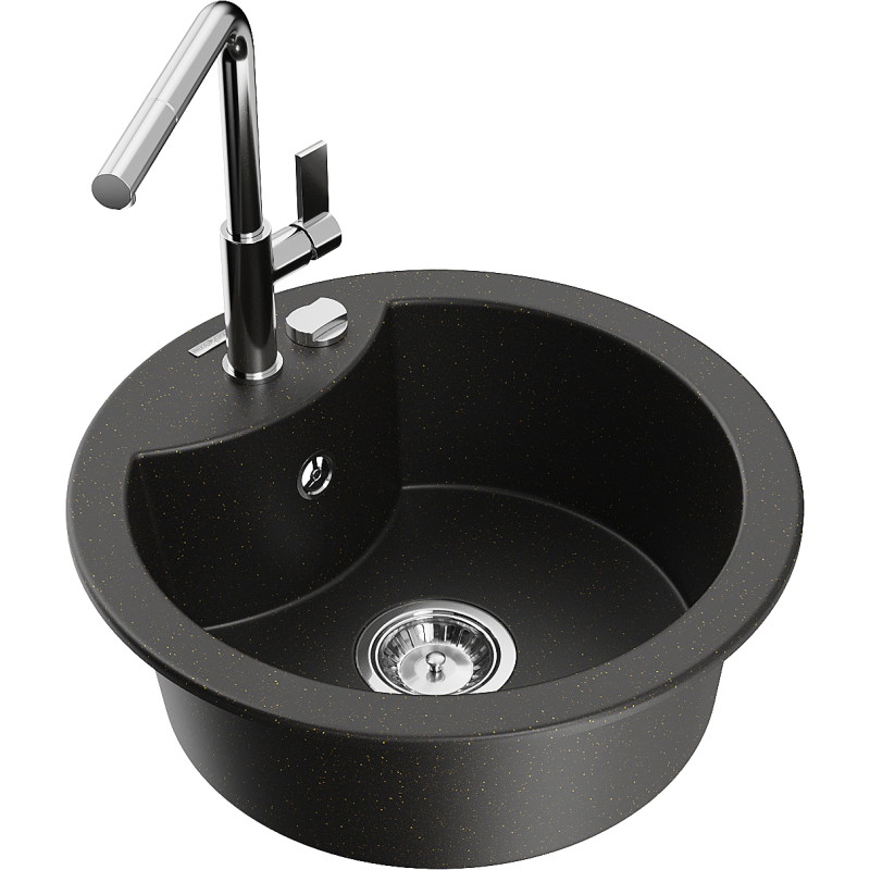 Mexen Diego Granitspüle 1-becken mit Küchenarmatur Flora, schwarz/gold metallisch - 6512-75-670401-00